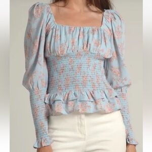 NEW CISTAR 119$! Women's Sz S Long Sleeve Floral Blue Smocked Waist Top *L8